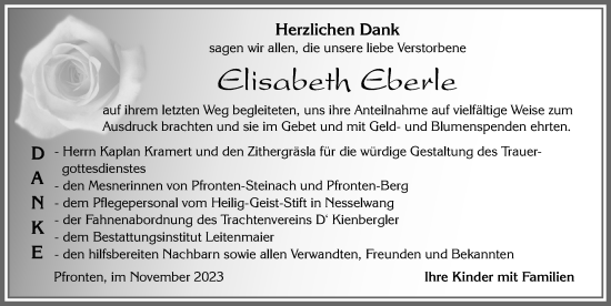 Traueranzeige von Elisabeth Eberle von Allgäuer Zeitung, Füssen