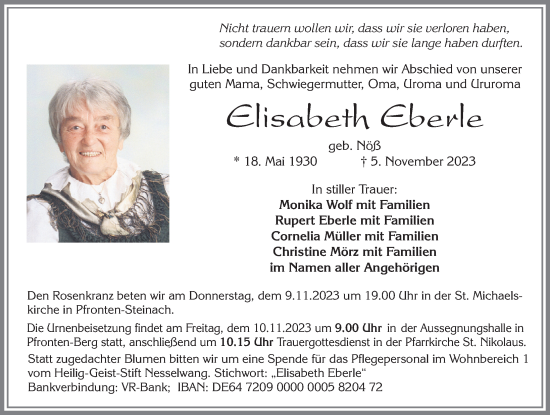 Traueranzeige von Elisabeth Eberle von Allgäuer Zeitung, Füssen
