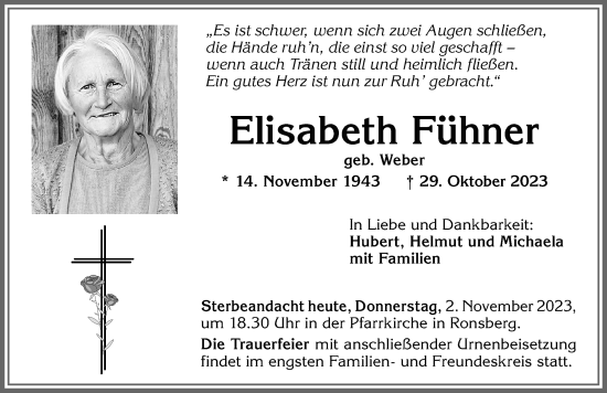 Traueranzeige von Elisabeth Fühner von Allgäuer Zeitung, Marktoberdorf