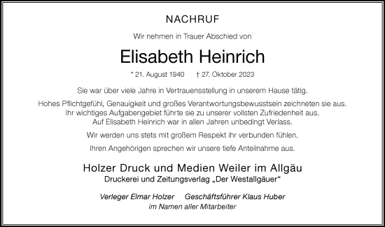 Traueranzeige von Elisabeth Heinrich von Der Westallgäuer