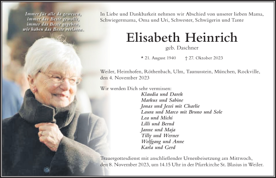 Traueranzeige von Elisabeth Heinrich von Der Westallgäuer