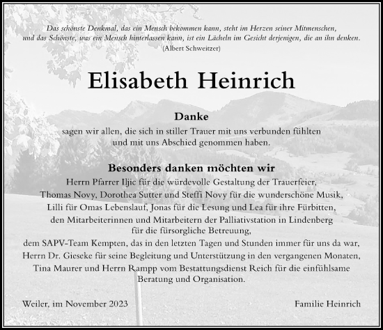Traueranzeige von Elisabeth Heinrich von Der Westallgäuer