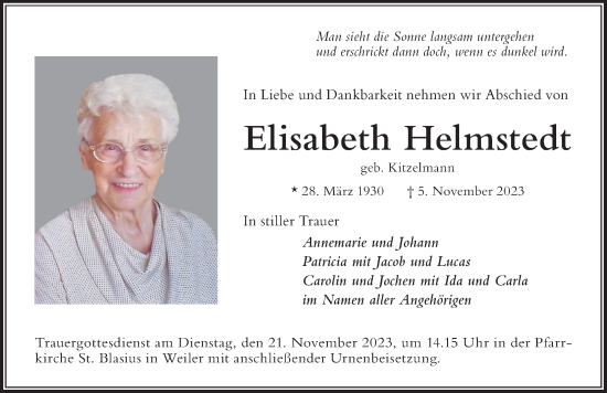 Traueranzeige von Elisabeth Helmstedt von Der Westallgäuer