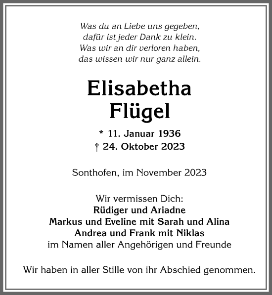 Traueranzeige von Elisabetha Flügel von Allgäuer Anzeigeblatt