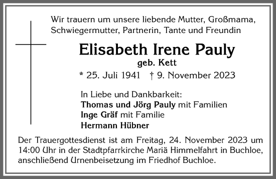 Traueranzeige von Elisabeth Irene Pauly von Allgäuer Zeitung, Kaufbeuren/Buchloe