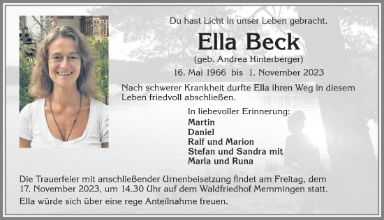 Traueranzeige von Ella Beck von Allgäuer Zeitung, Marktoberdorf