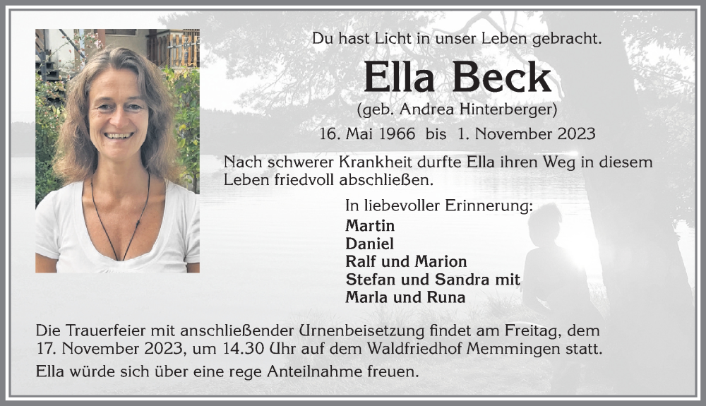  Traueranzeige für Ella Beck vom 11.11.2023 aus Allgäuer Zeitung, Marktoberdorf