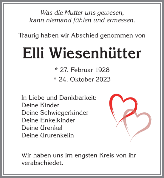 Traueranzeige von Elli Wiesenhütter von Allgäuer Zeitung,Kempten
