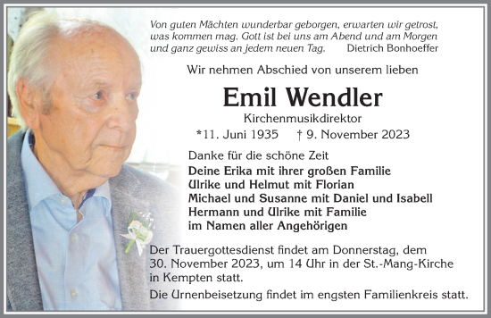 Traueranzeige von Emil Wendler von Allgäuer Zeitung,Kempten