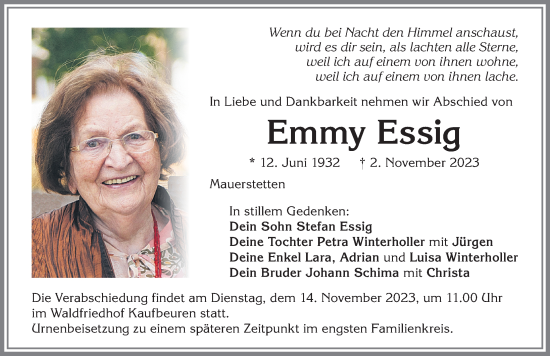 Traueranzeige von Emmy Essig von Allgäuer Zeitung, Kaufbeuren/Buchloe