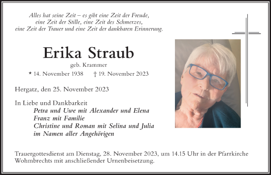 Traueranzeige von Erika Straub von Der Westallgäuer