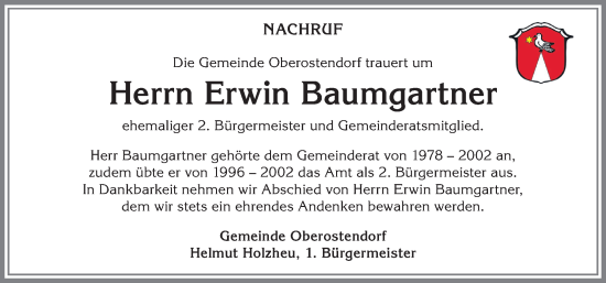 Traueranzeige von Erwin Baumgartner von Allgäuer Zeitung, Kaufbeuren/Buchloe