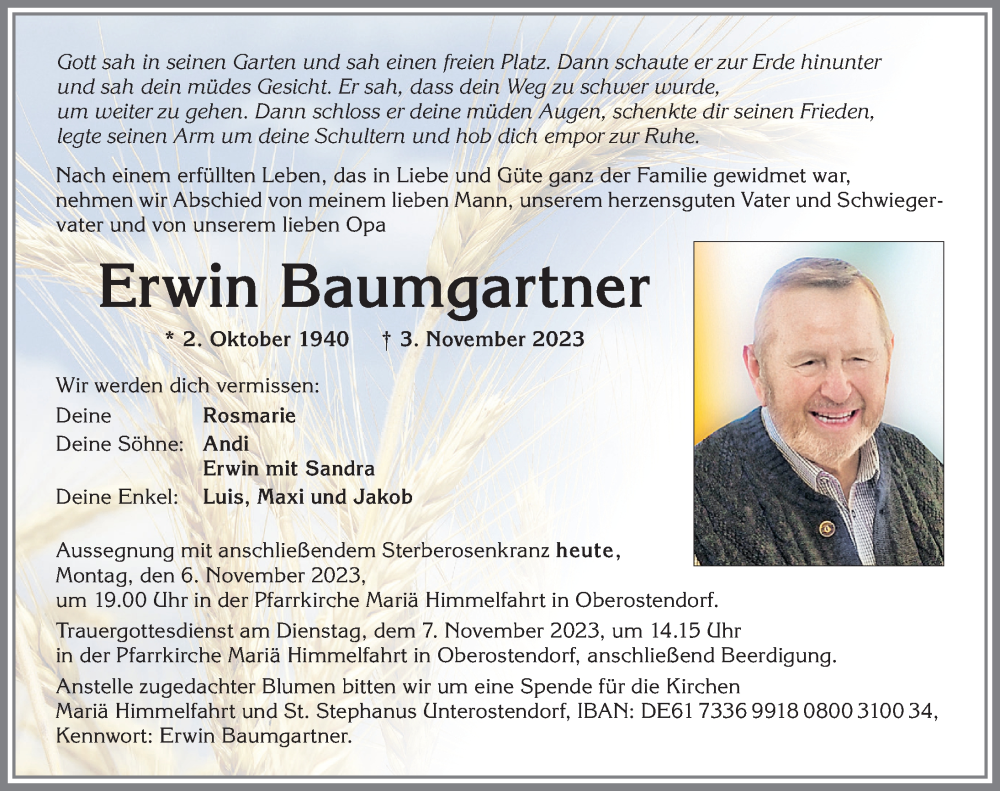  Traueranzeige für Erwin Baumgartner vom 06.11.2023 aus Allgäuer Zeitung, Kaufbeuren/Buchloe