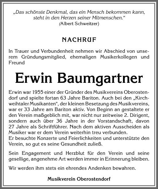 Traueranzeige von Erwin Baumgartner von Allgäuer Zeitung, Kaufbeuren/Buchloe
