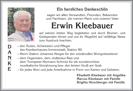 Traueranzeige von Erwin Kleebauer von Allgäuer Zeitung,Kempten