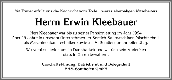 Traueranzeige von Erwin Kleebauer von Allgäuer Anzeigeblatt