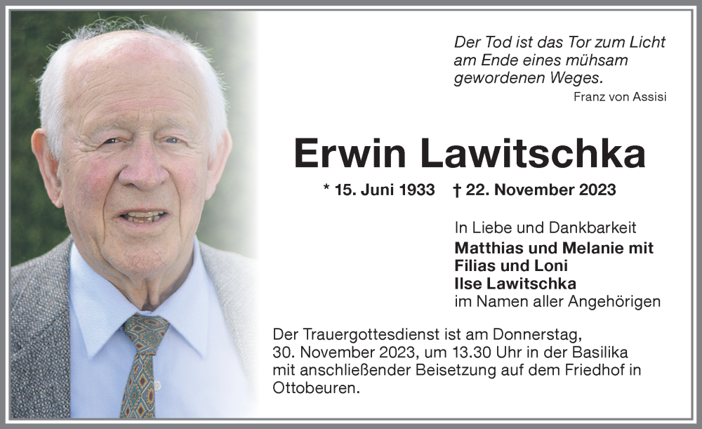  Traueranzeige für Erwin Lawitschka vom 27.11.2023 aus Memminger Zeitung