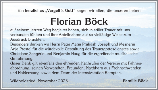 Traueranzeige von Florian Böck von Allgäuer Zeitung,Kempten
