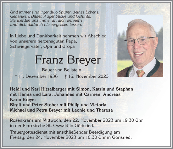 Traueranzeige von Franz Breyer von Allgäuer Zeitung, Marktoberdorf