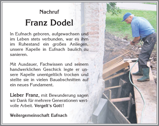 Traueranzeige von Franz Dodel von Allgäuer Zeitung,Kempten