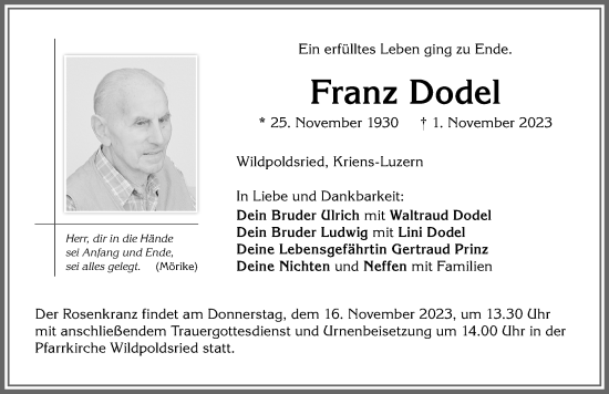Traueranzeige von Franz Dodel von Allgäuer Zeitung,Kempten