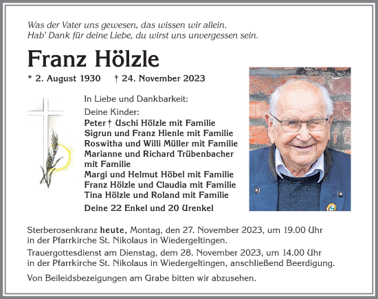 Traueranzeige von Franz Hölzle von Mindelheimer Zeitung, Augsburger Allgemeine