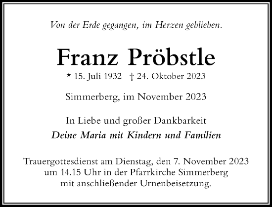 Traueranzeige von Franz Pröbstle von Der Westallgäuer