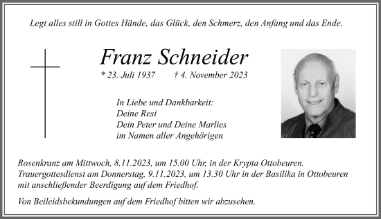 Traueranzeige von Franz Schneider von Memminger Zeitung