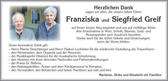Traueranzeige von Franziska Greif von Allgäuer Zeitung,Kempten