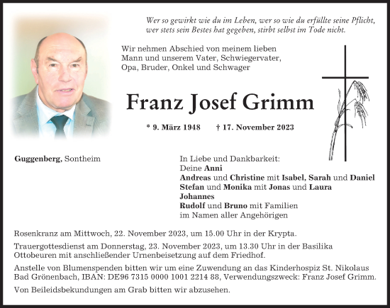 Traueranzeige von Franz Josef Grimm von Memminger Zeitung