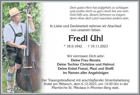 Traueranzeige von Fredl Uhl von Allgäuer Zeitung, Füssen