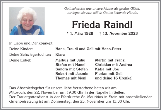 Traueranzeige von Frieda Raindl von Allgäuer Anzeigeblatt