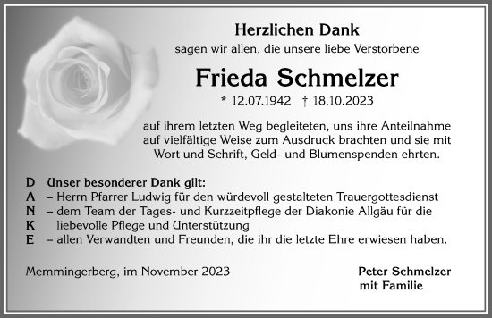 Traueranzeige von Frieda Schmelzer von Memminger Zeitung