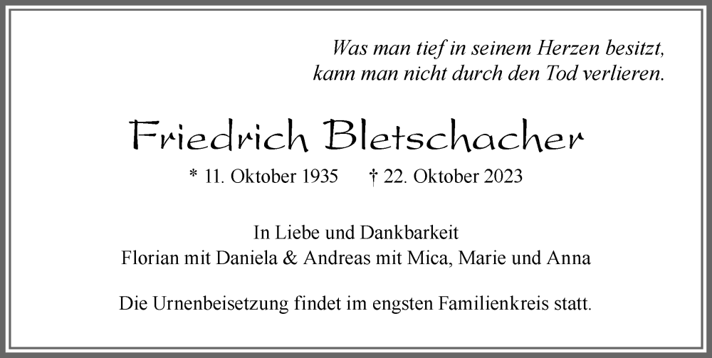  Traueranzeige für Friedrich Bletschacher vom 22.11.2023 aus Allgäuer Zeitung, Füssen