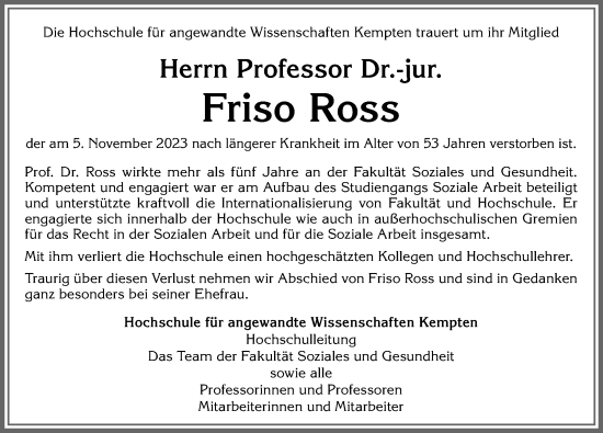Traueranzeige von Friso Ross von Allgäuer Zeitung,Kempten