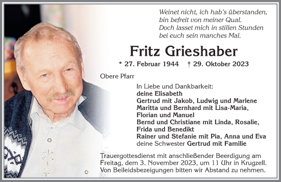 Traueranzeige von Fritz Grieshaber von Allgäuer Zeitung,Kempten
