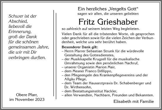 Traueranzeige von Fritz Grieshaber von Allgäuer Zeitung,Kempten