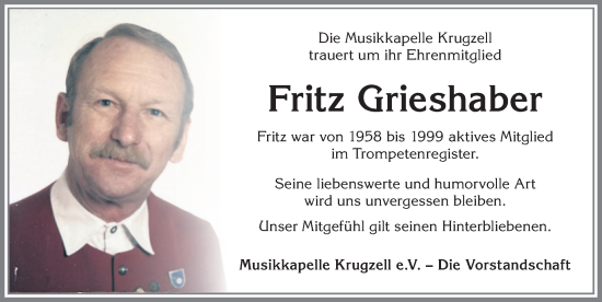Traueranzeige von Fritz Grieshaber von Allgäuer Zeitung,Kempten