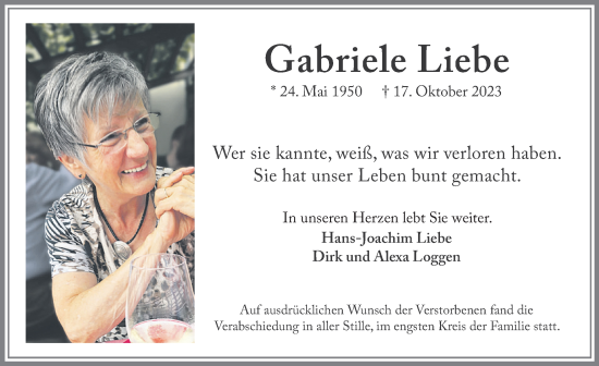 Traueranzeige von Gabriele Liebe von Allgäuer Zeitung, Kaufbeuren/Buchloe