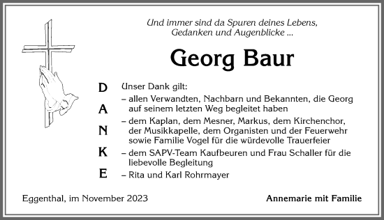Traueranzeige von Georg Baur von Allgäuer Zeitung, Kaufbeuren/Buchloe