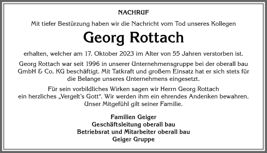 Traueranzeige von Georg Rottach von Allgäuer Zeitung,Kempten