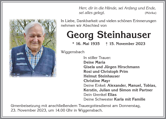 Traueranzeige von Georg Steinhauser von Allgäuer Zeitung,Kempten