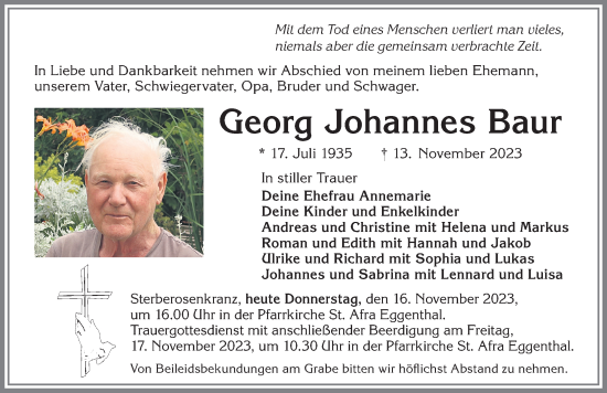 Traueranzeige von Georg Johannes Baur von Allgäuer Zeitung, Kaufbeuren/Buchloe