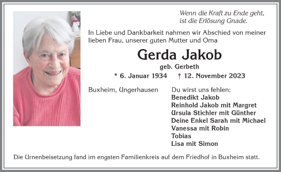 Traueranzeige von Gerda Jakob von Memminger Zeitung