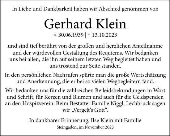 Traueranzeige von Gerhard Klein von Allgäuer Zeitung, Füssen