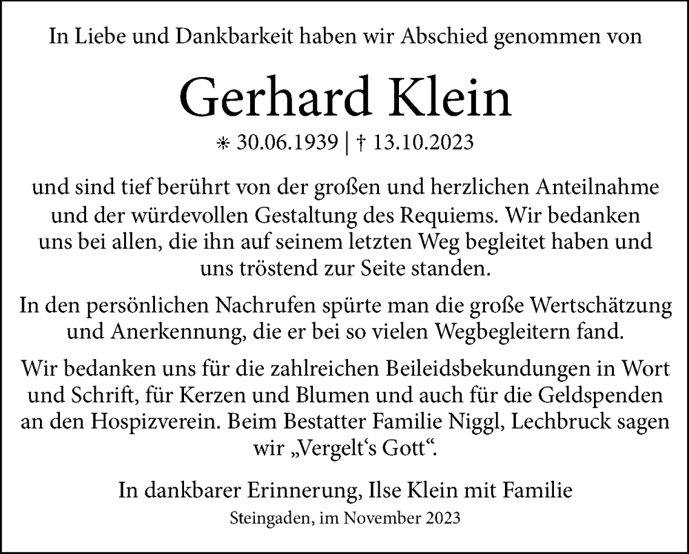  Traueranzeige für Gerhard Klein vom 18.11.2023 aus Allgäuer Zeitung, Füssen