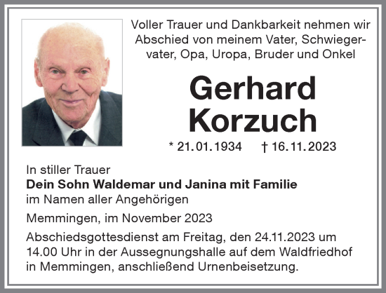 Traueranzeige von Gerhard Korzuch von Memminger Zeitung