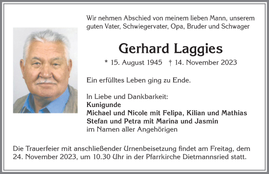 Traueranzeige von Gerhard Laggies von Allgäuer Zeitung,Kempten