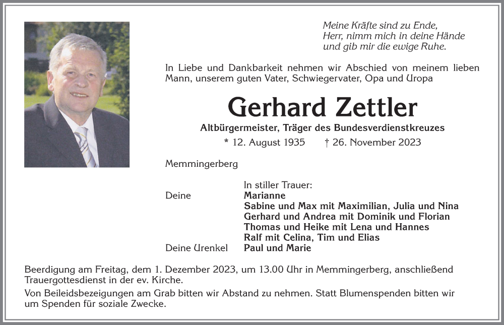  Traueranzeige für Gerhard Zettler vom 29.11.2023 aus Memminger Zeitung
