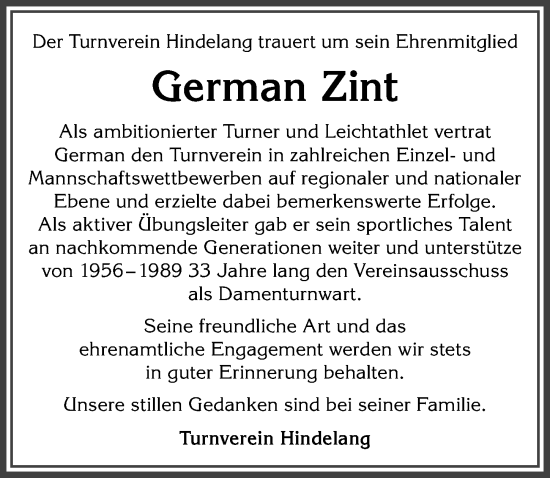 Traueranzeige von German Zint von Allgäuer Anzeigeblatt